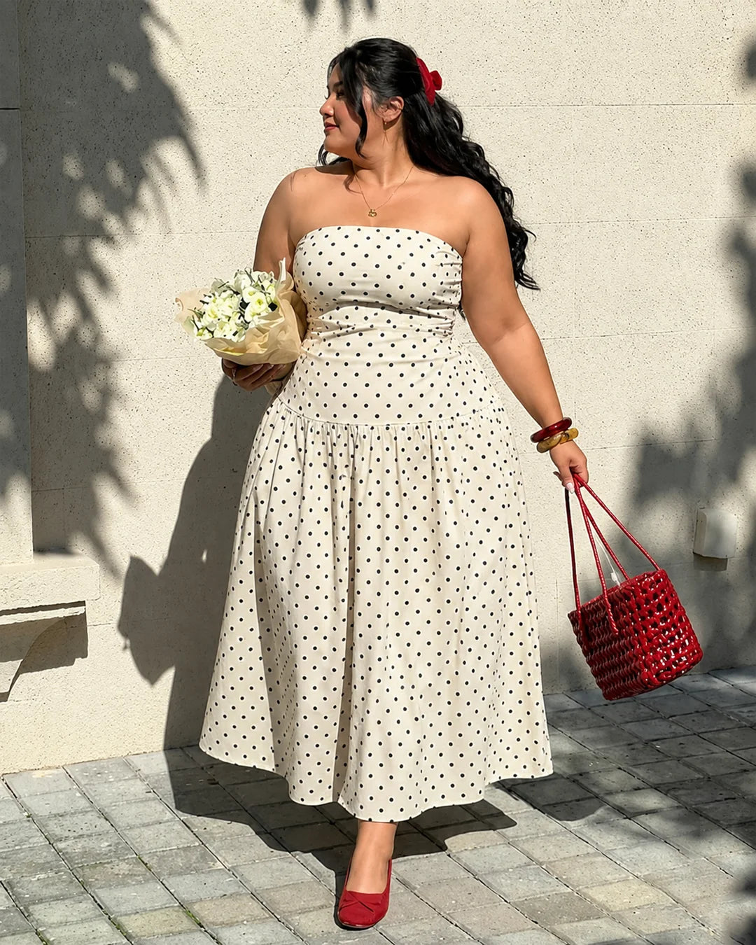Polka Dot Print Strapless Dress Curve & Plus