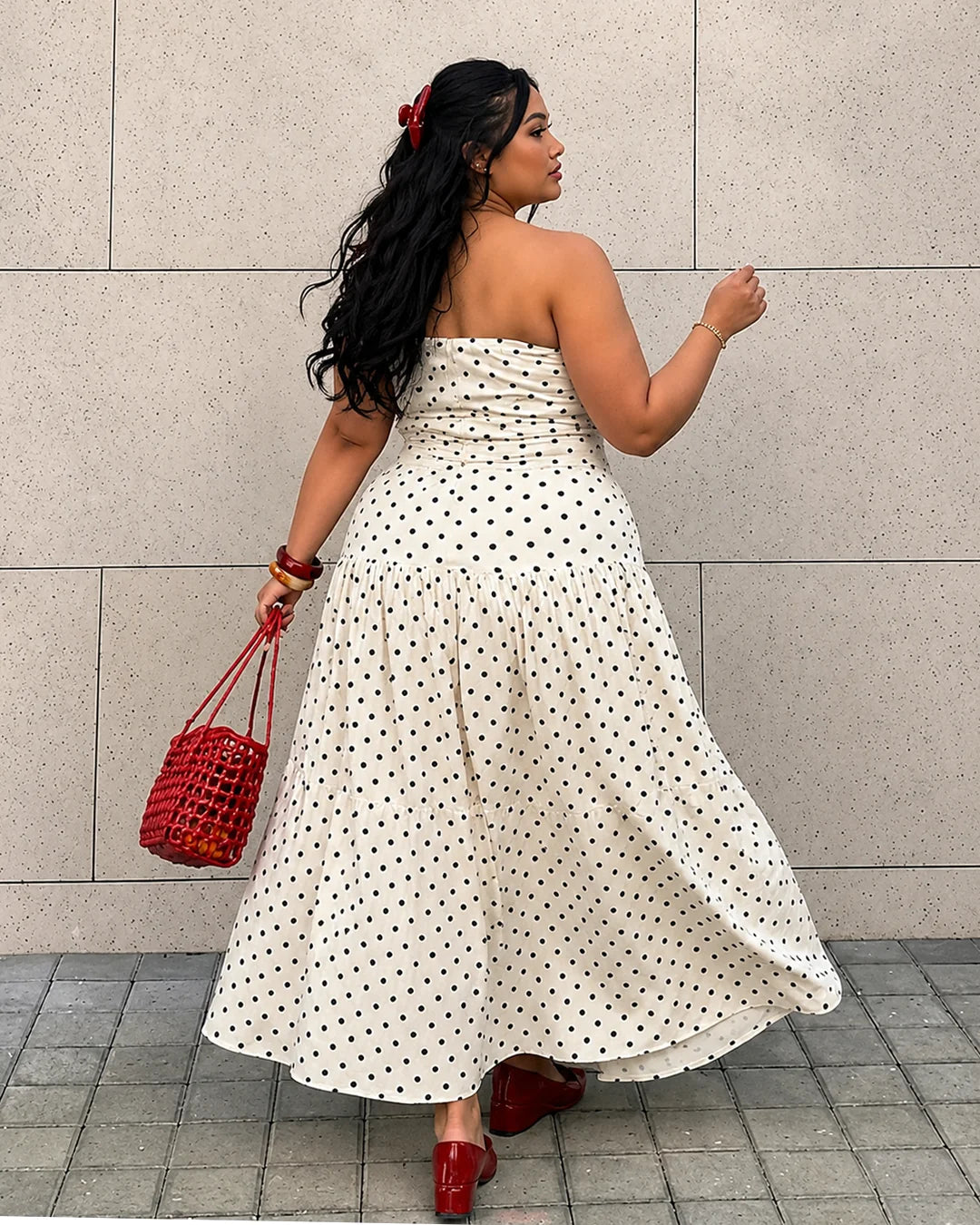 Polka Dot Print Strapless Dress Curve & Plus