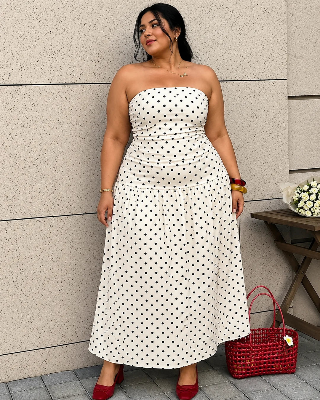 Polka Dot Print Strapless Dress Curve & Plus