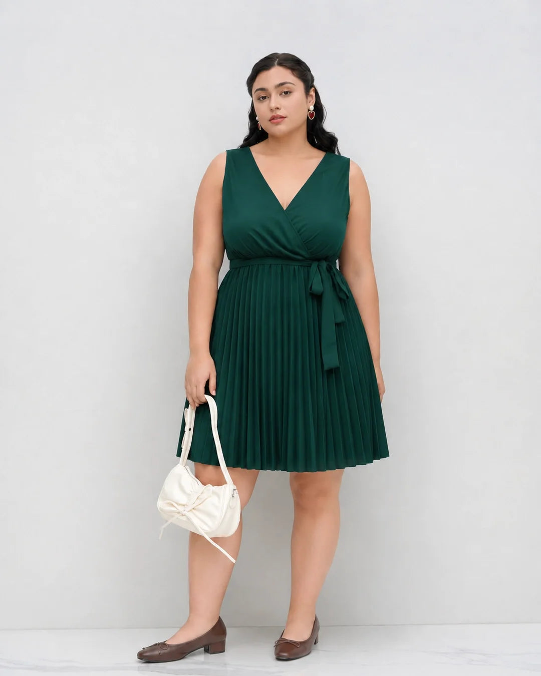 Wrap Neck Tie Waist Dress Curve and Plus in Dark Green