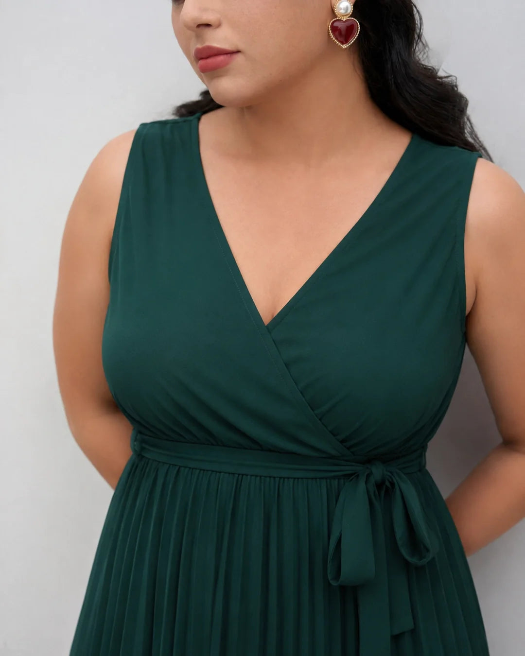 Wrap Neck Tie Waist Dress Curve and Plus in Dark Green