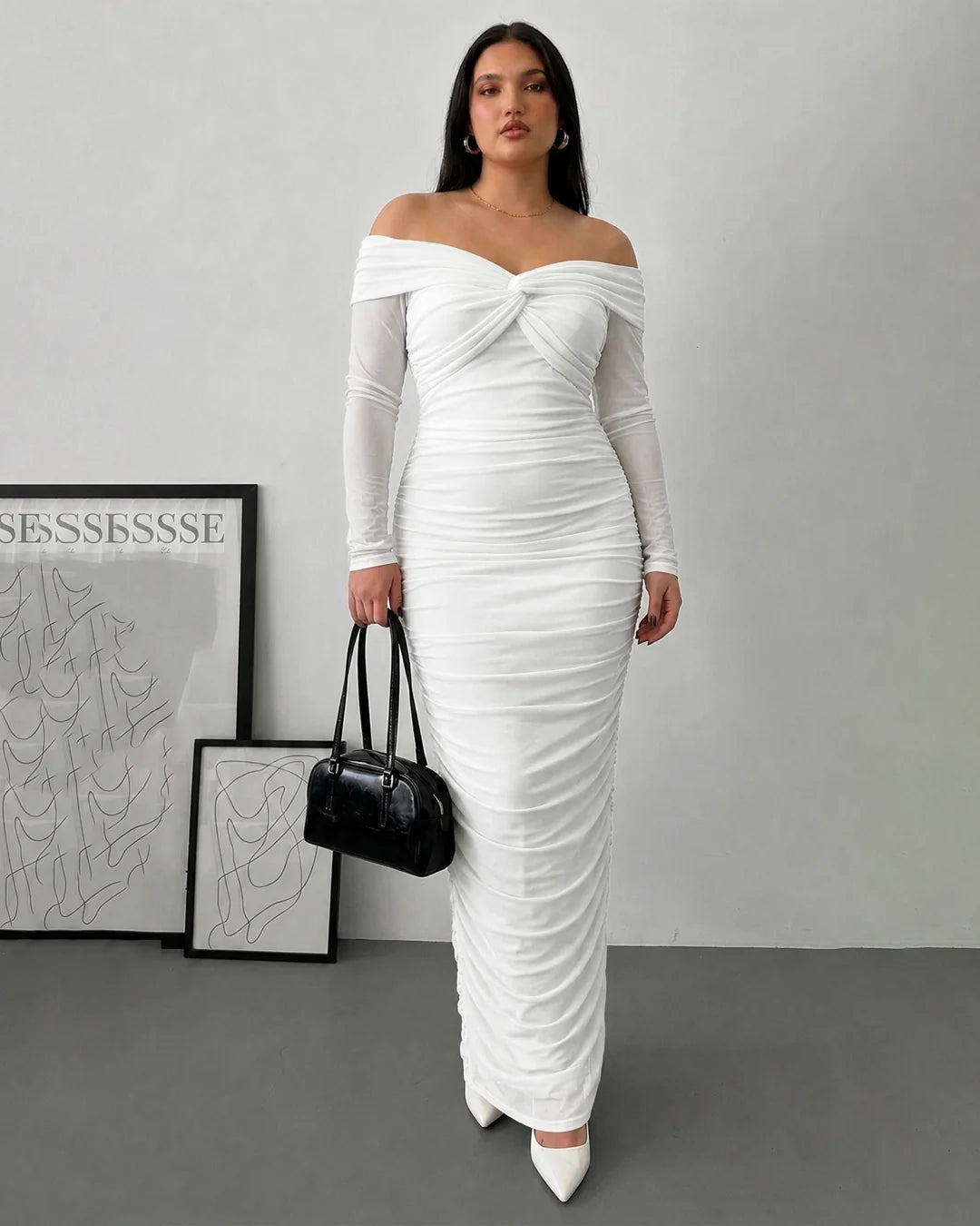 Off Shoulder Mesh Ruched Fitted Dress With Long Sleeve Curve & Plus in Classic White