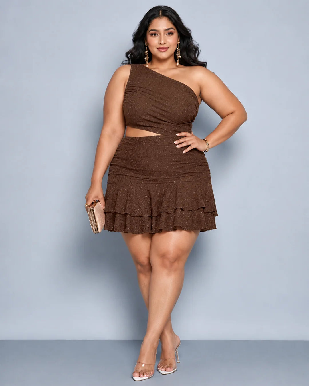 One Shoulder Cut-Out Ruffle Hem Mini Dress Curve and Plus in Espresso Brown
