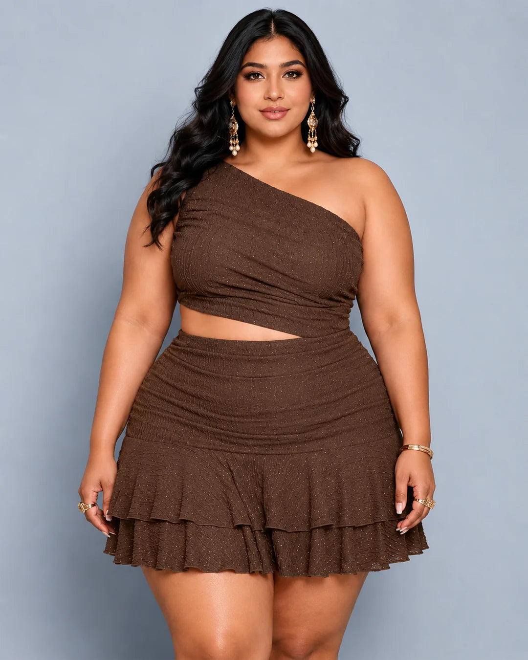 One Shoulder Cut-Out Ruffle Hem Mini Dress Curve and Plus in Espresso Brown