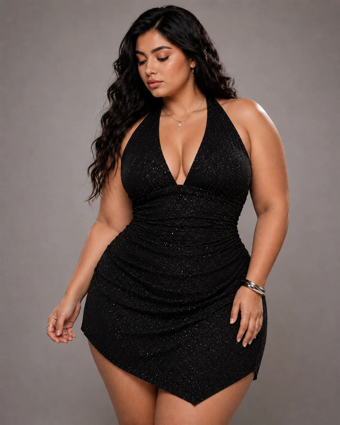 Halter Neck Shimmer Asymmetric Mini Dress Curve and Plus in Soft Black