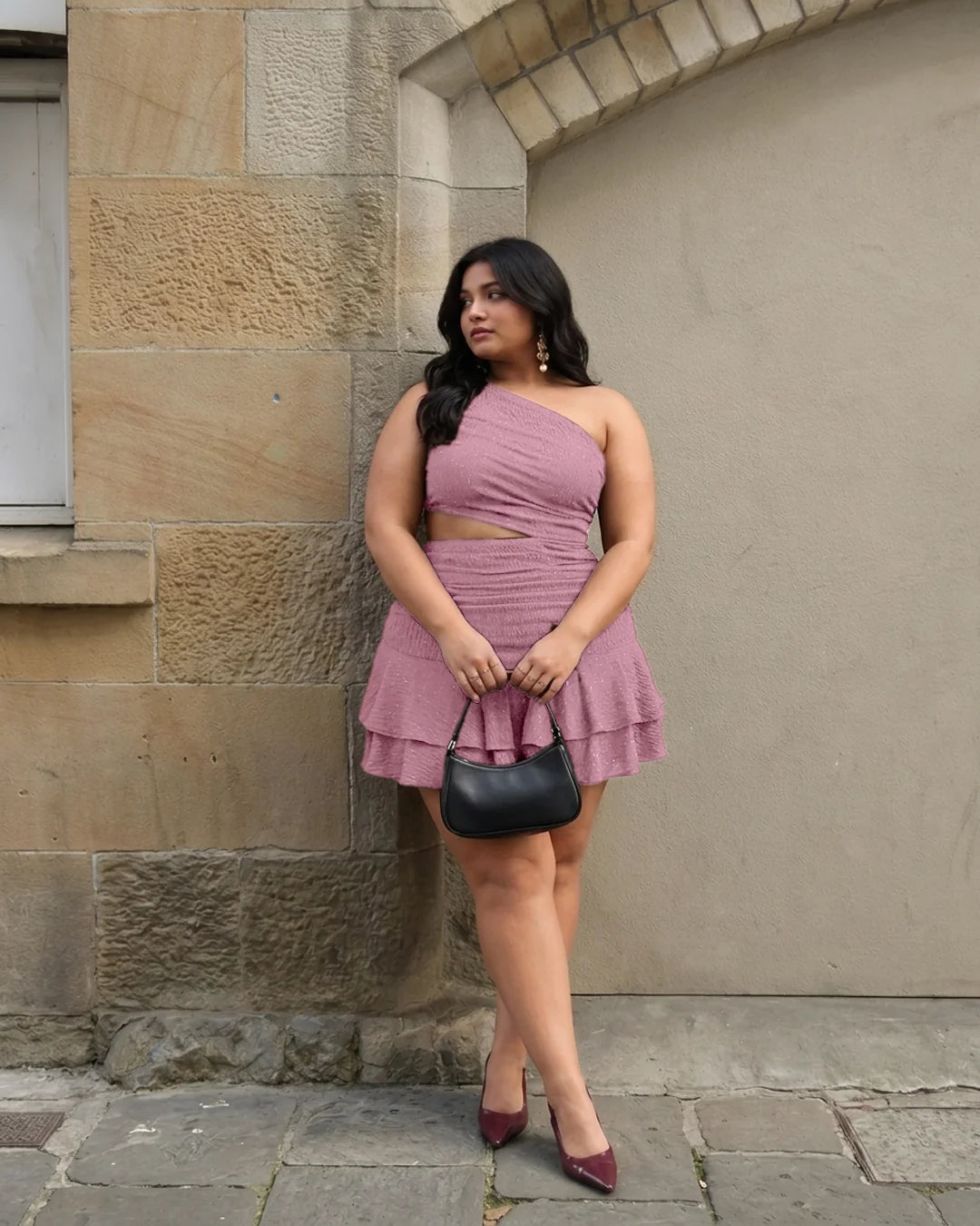 One Shoulder Cut-Out Ruffle Hem Mini Dress Curve & Plus in Dusty Pink