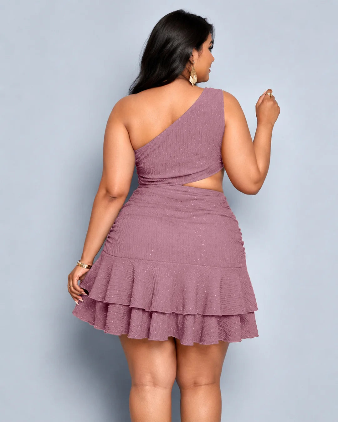 One Shoulder Cut-Out Ruffle Hem Mini Dress Curve & Plus in Dusty Pink