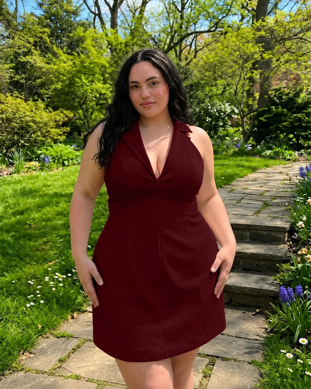 Collared Halter A-Line Mini Dress Curve and Plus in Burgundy