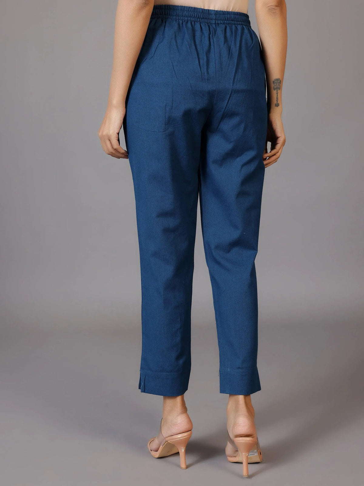 Anouk Teal Solid Cotton Trousers