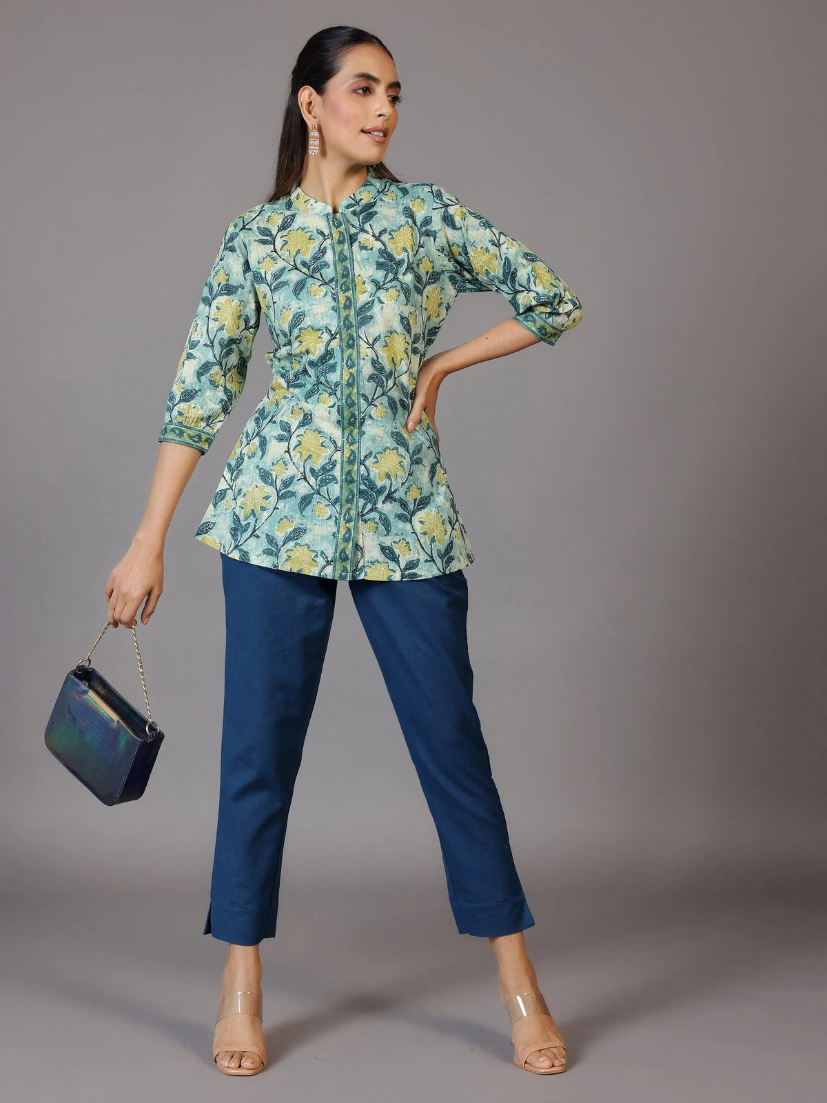 Anouk Teal Solid Cotton Trousers