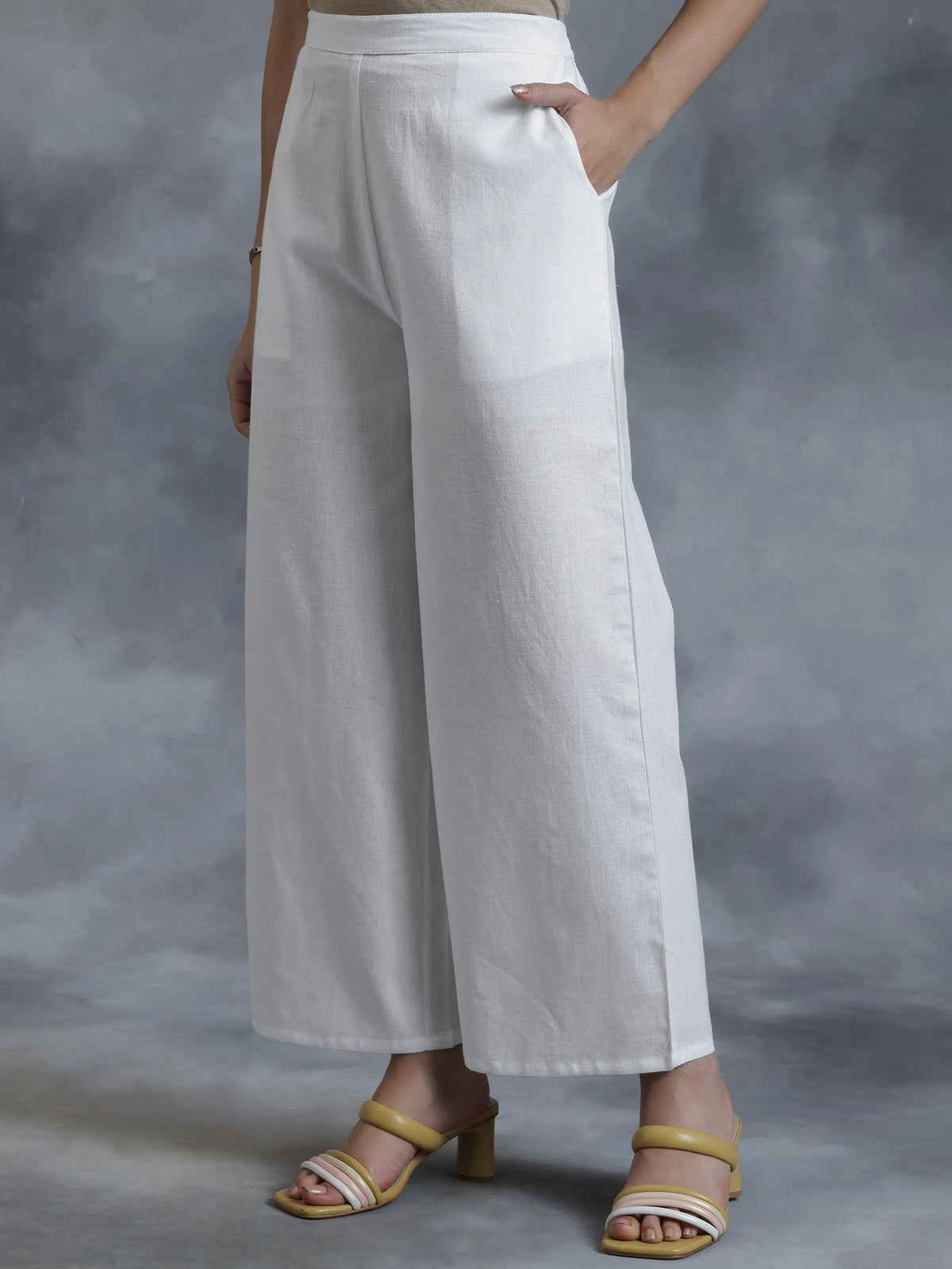 Anouk White Solid Cotton Palazzos