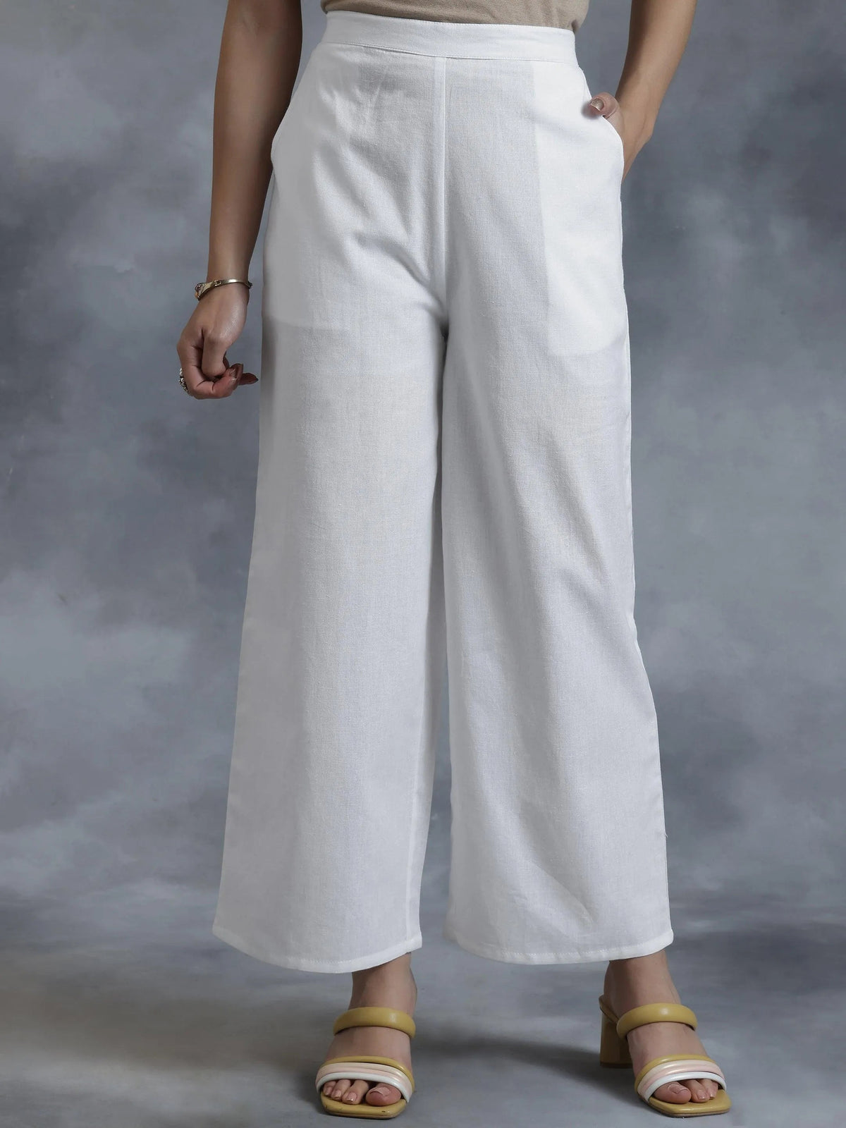 Anouk White Solid Cotton Palazzos