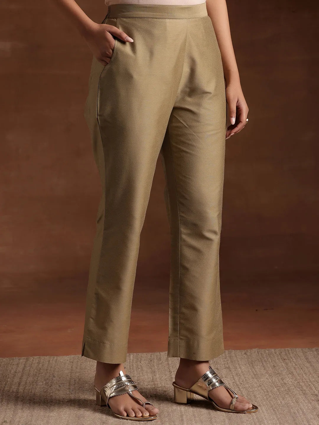 Anouk Gold Solid Silk Trousers