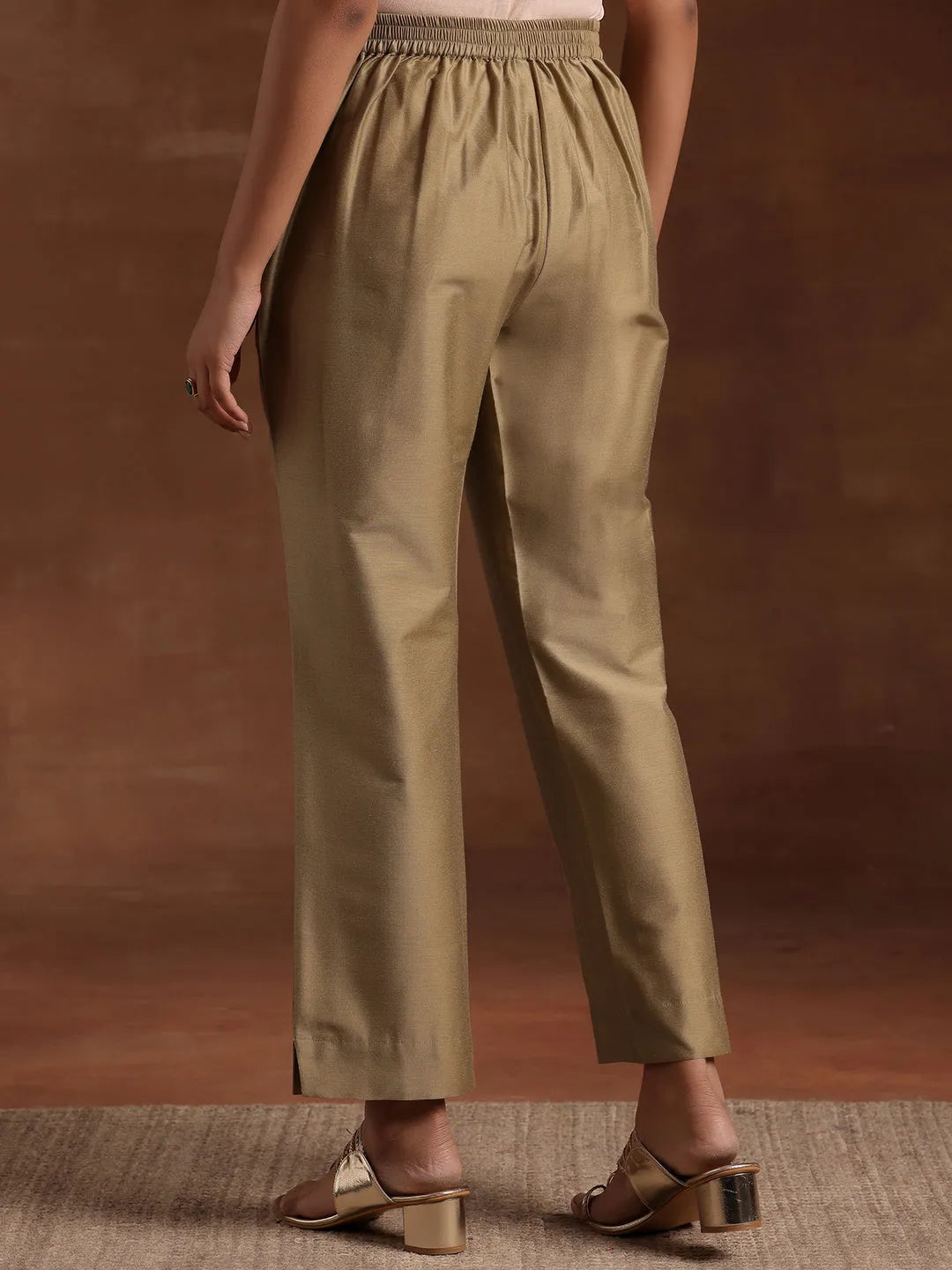 Anouk Gold Solid Silk Trousers