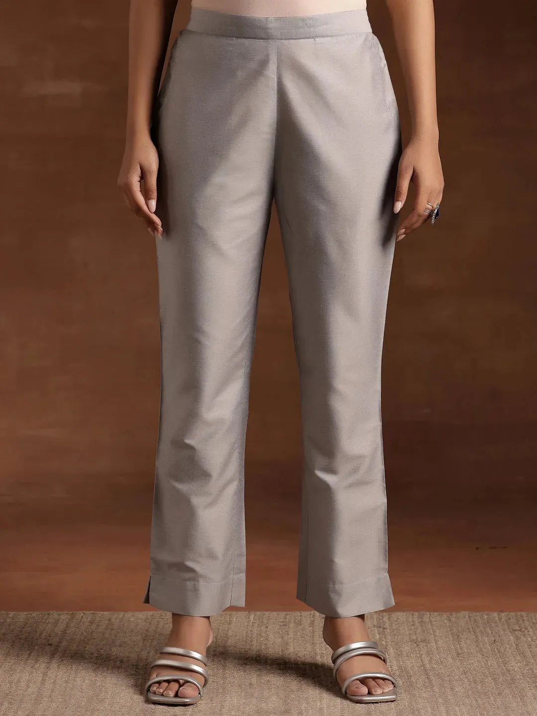 Anouk Grey Solid Silk Trousers
