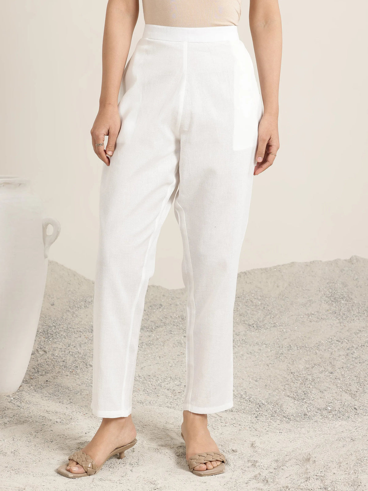 Anouk Off White Solid Cotton Trousers