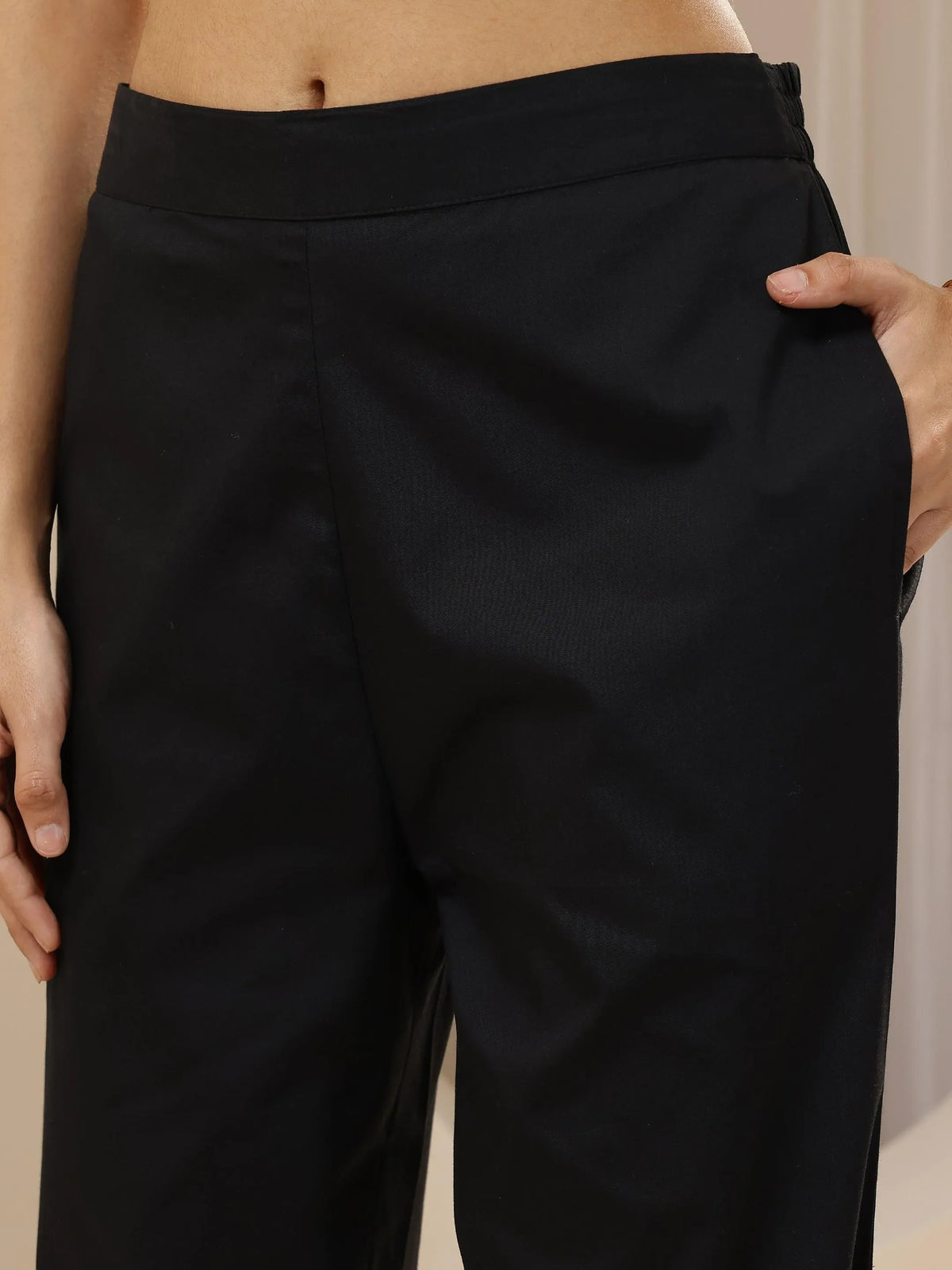 Anouk Black Solid Cotton Trousers