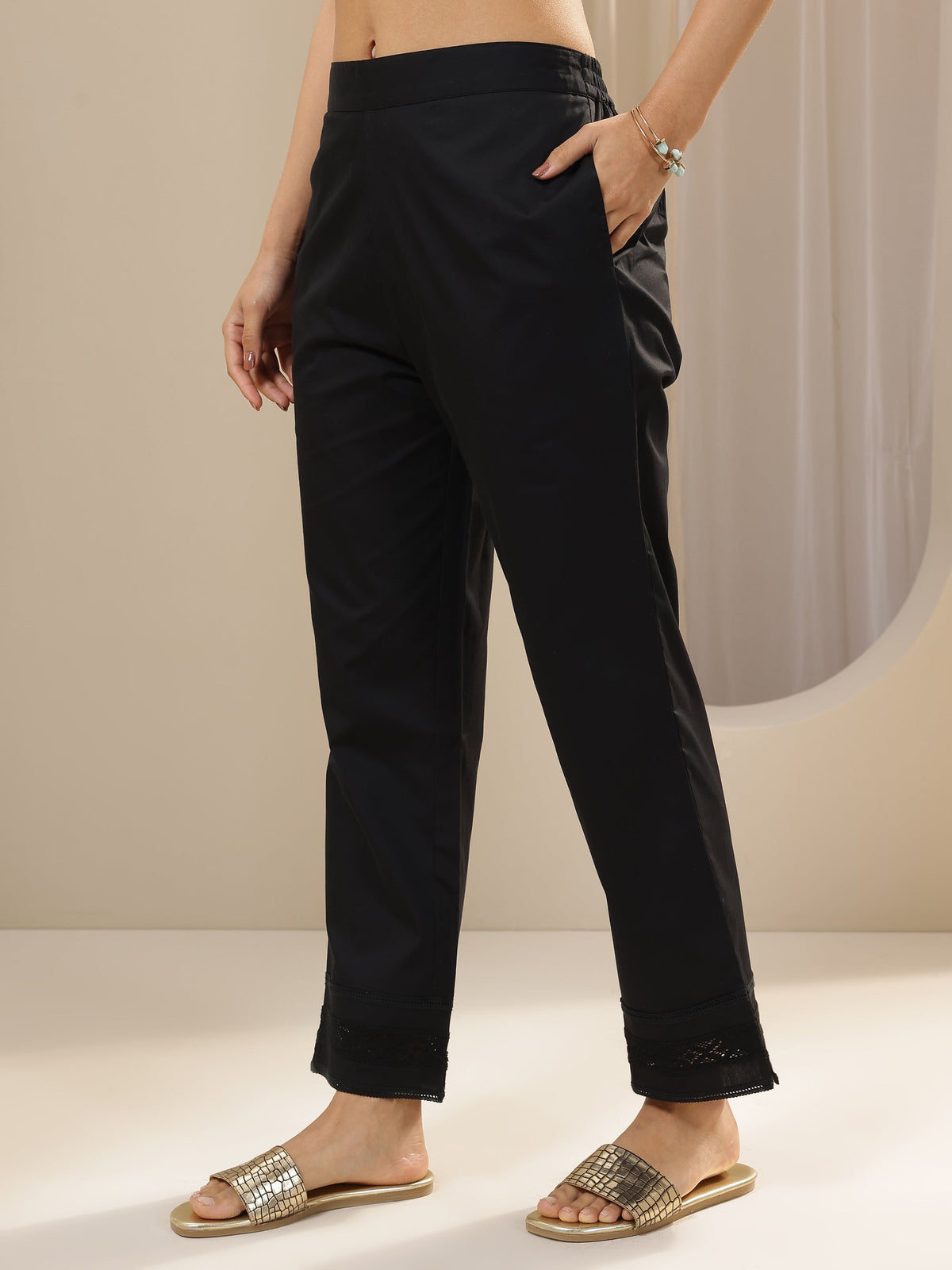 Anouk Black Solid Cotton Trousers