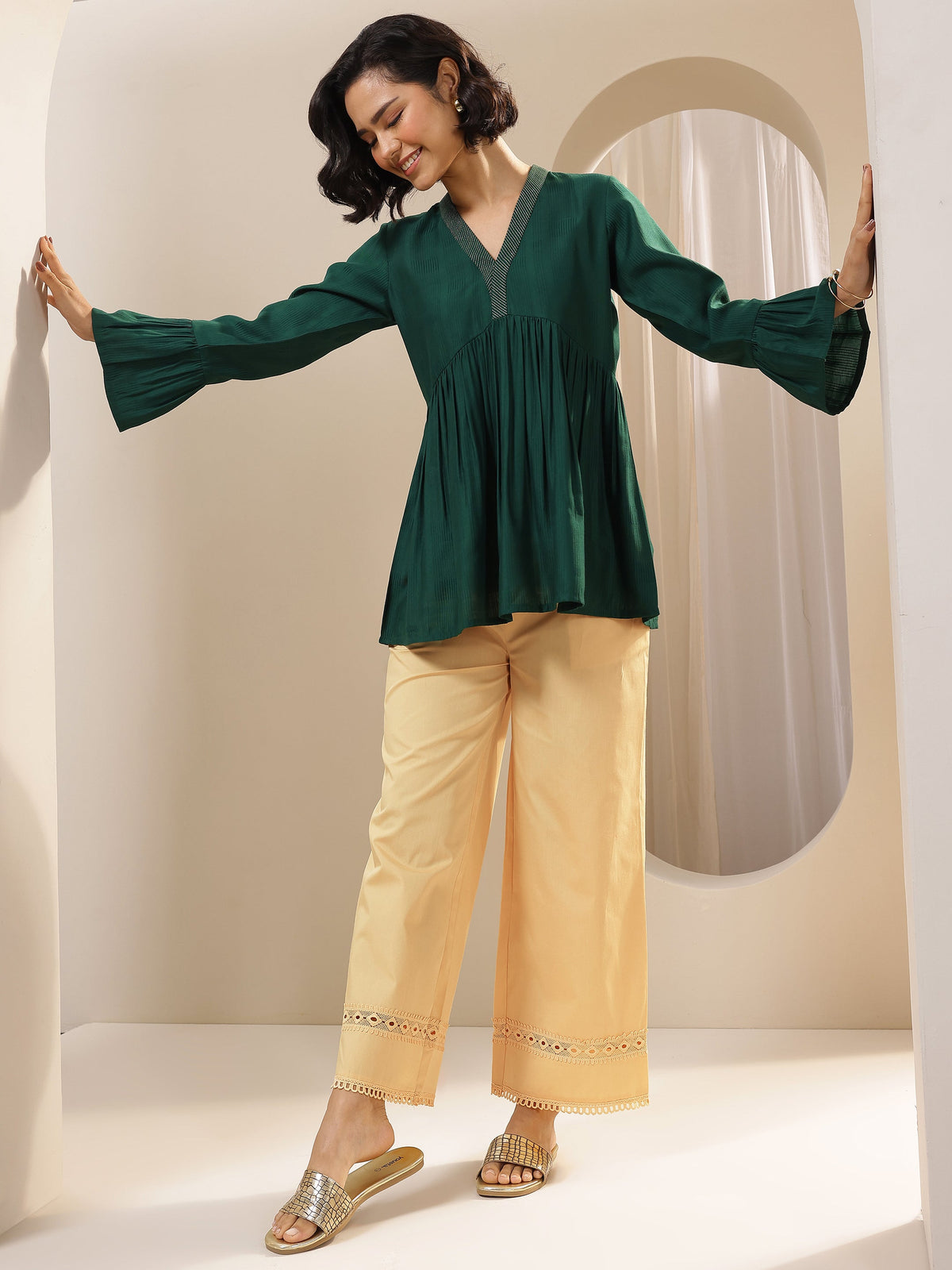 Anouk Beige Solid Cotton Palazzos