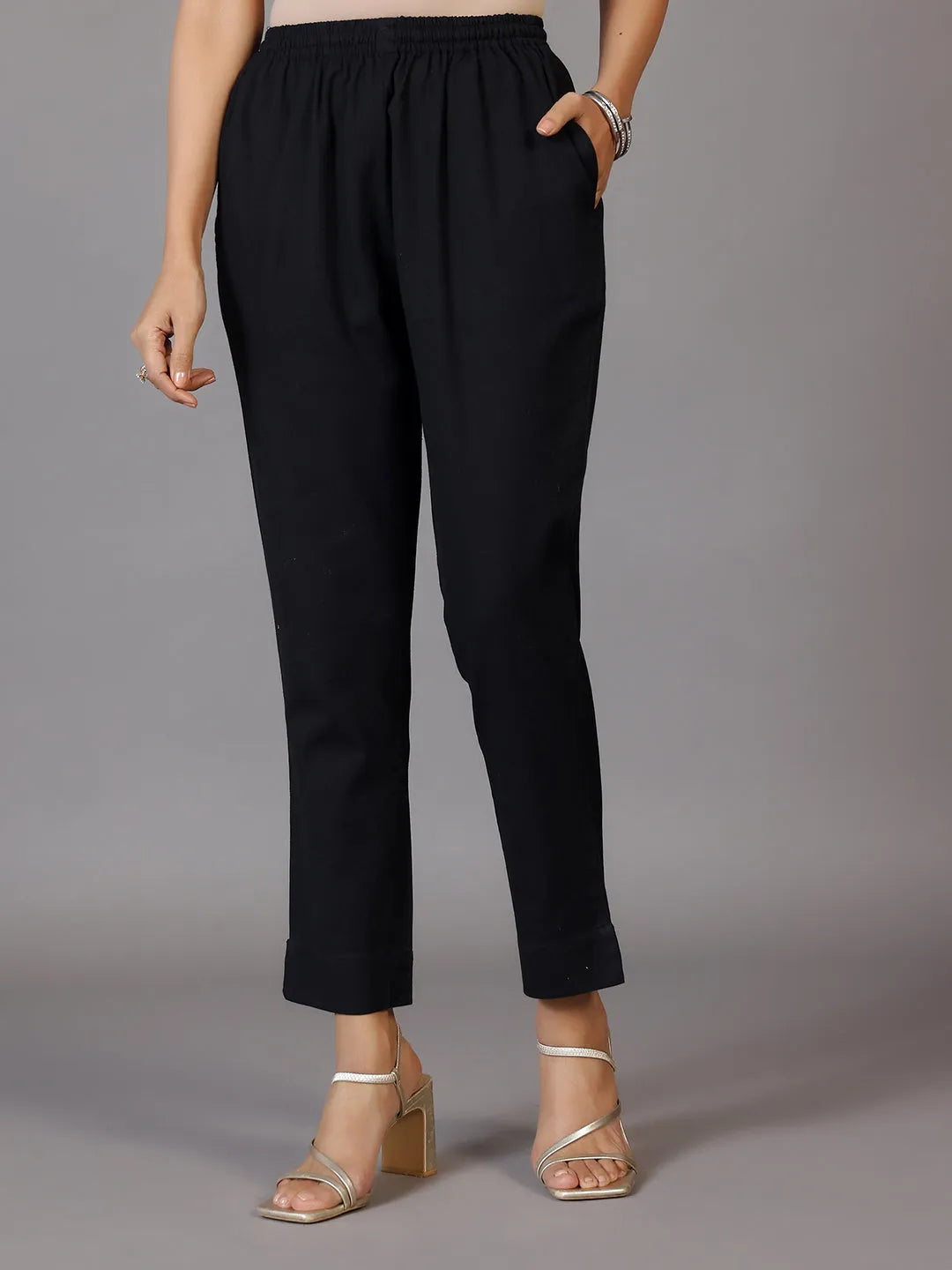 Anouk Black Solid Cotton Trousers