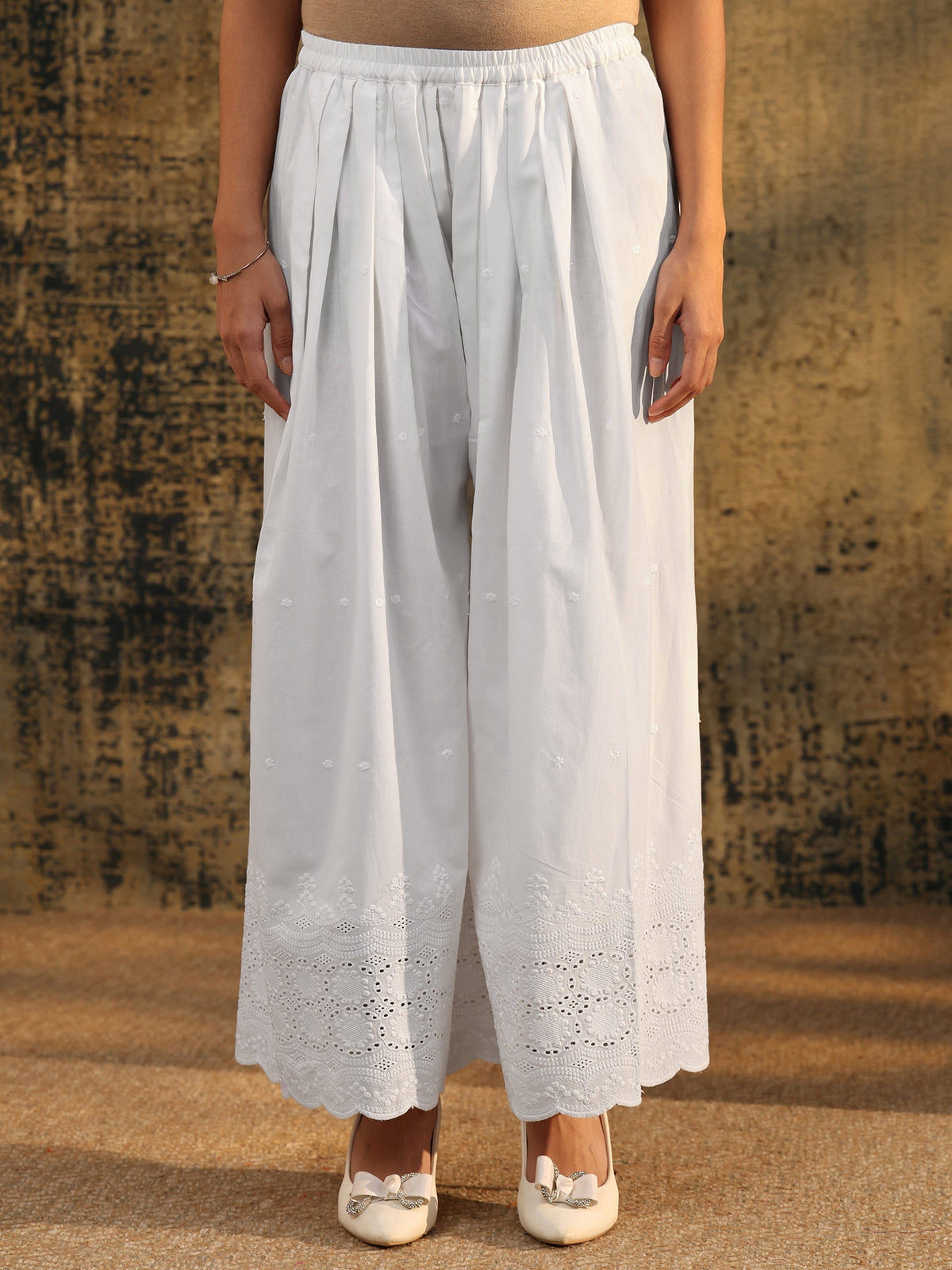 Anouk White Schiffli Embroidered Wide Leg Palazzo