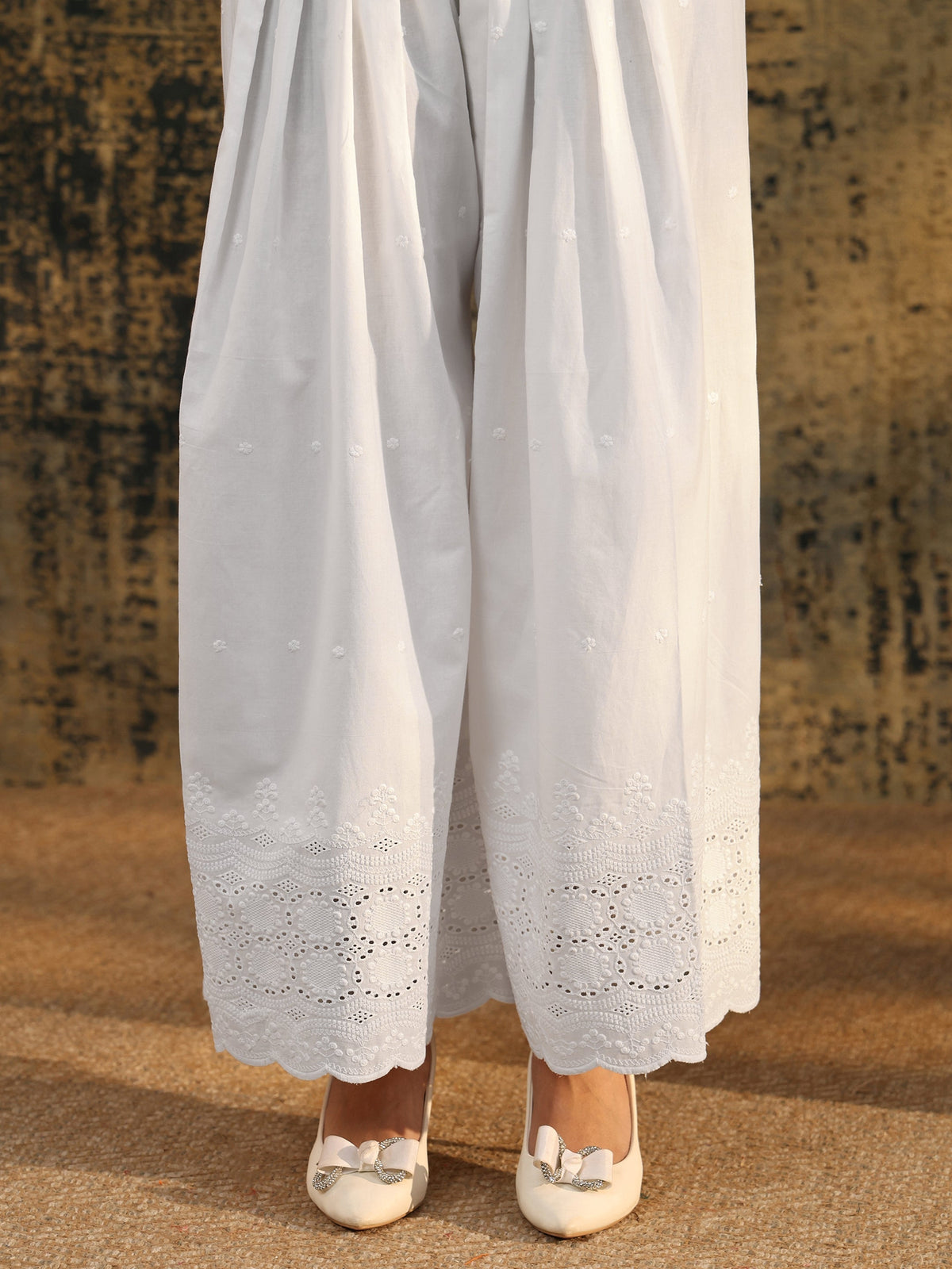 Anouk White Schiffli Embroidered Wide Leg Palazzo