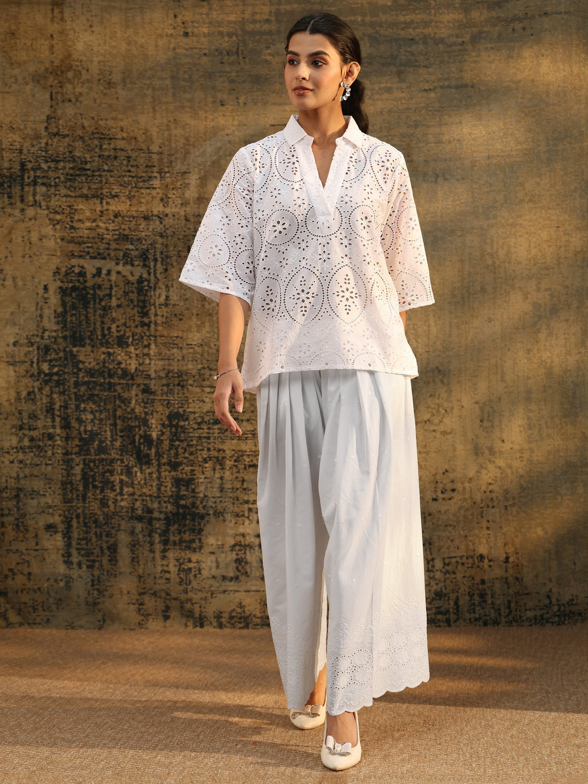 Anouk White Schiffli Embroidered Wide Leg Palazzo