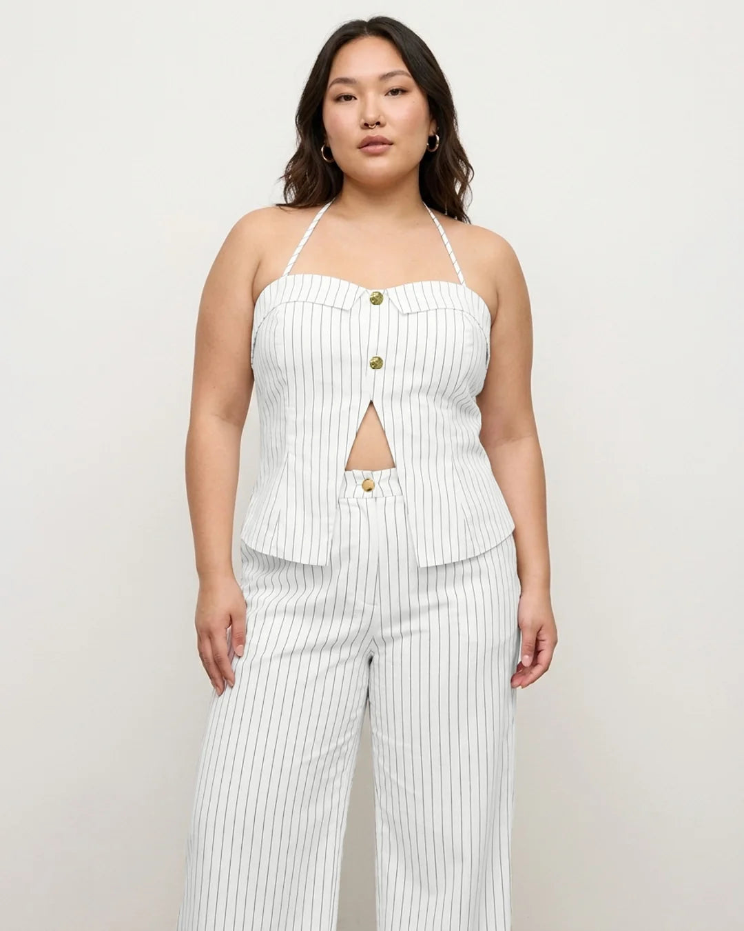 Striped Halter Vest and Wide Leg Trousers Co-ord Set Curve and Plus in Ivory