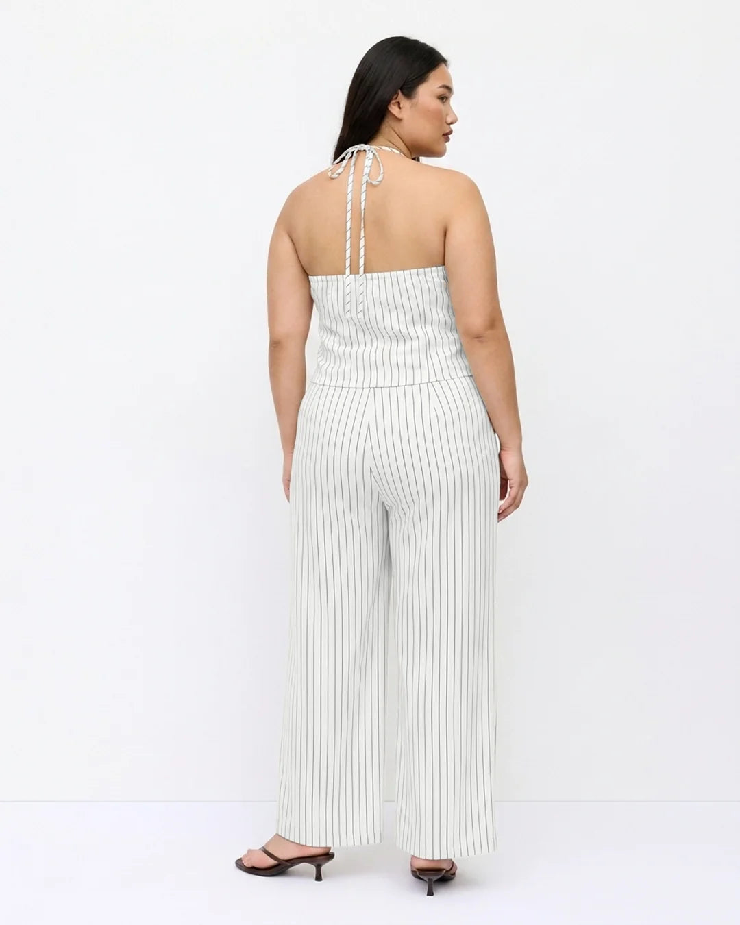 Striped Halter Vest and Wide Leg Trousers Co-ord Set Curve and Plus in Ivory