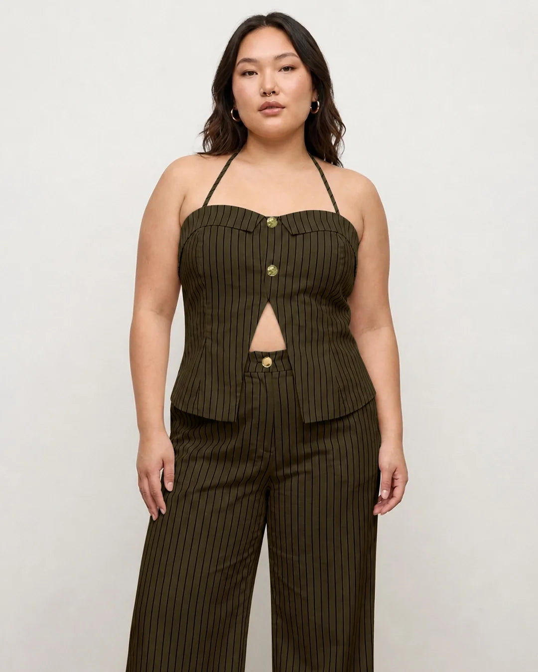 Striped Halter Vest and Wide Leg Trousers Co-ord Set Curve and Plus in Cocoa Brown