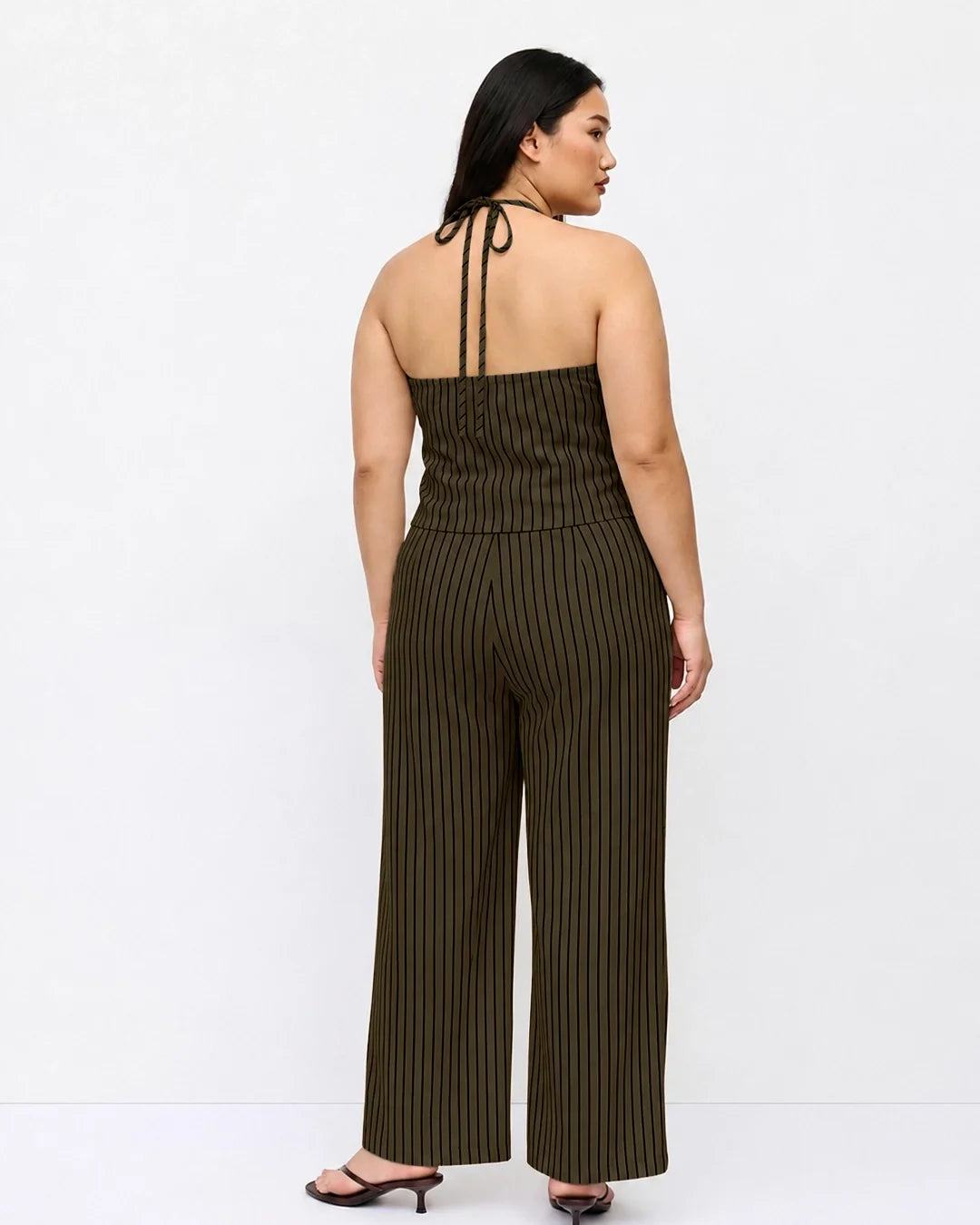 Striped Halter Vest and Wide Leg Trousers Co-ord Set Curve and Plus in Cocoa Brown