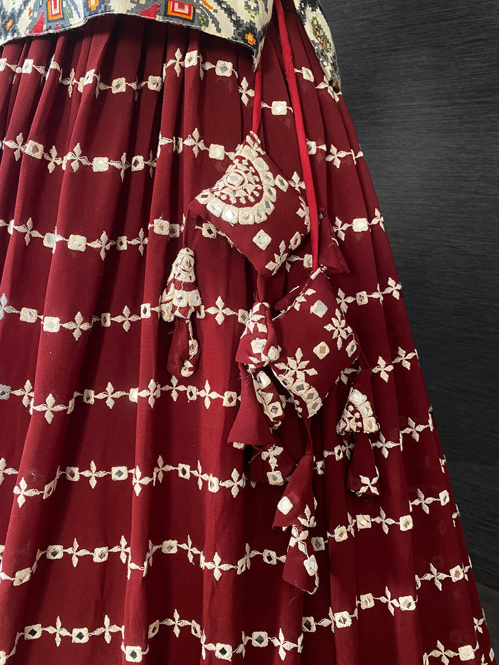 Maroon Color Paper Mirror And Thread Embroidery Work Georgette Lehenga Choli