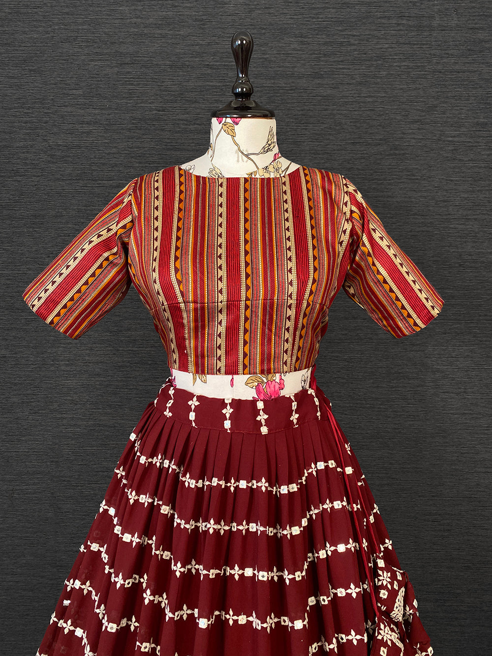 Maroon Color Paper Mirror Work And Thread Embroidery Work Georgette Lehenga With Cotton Choli