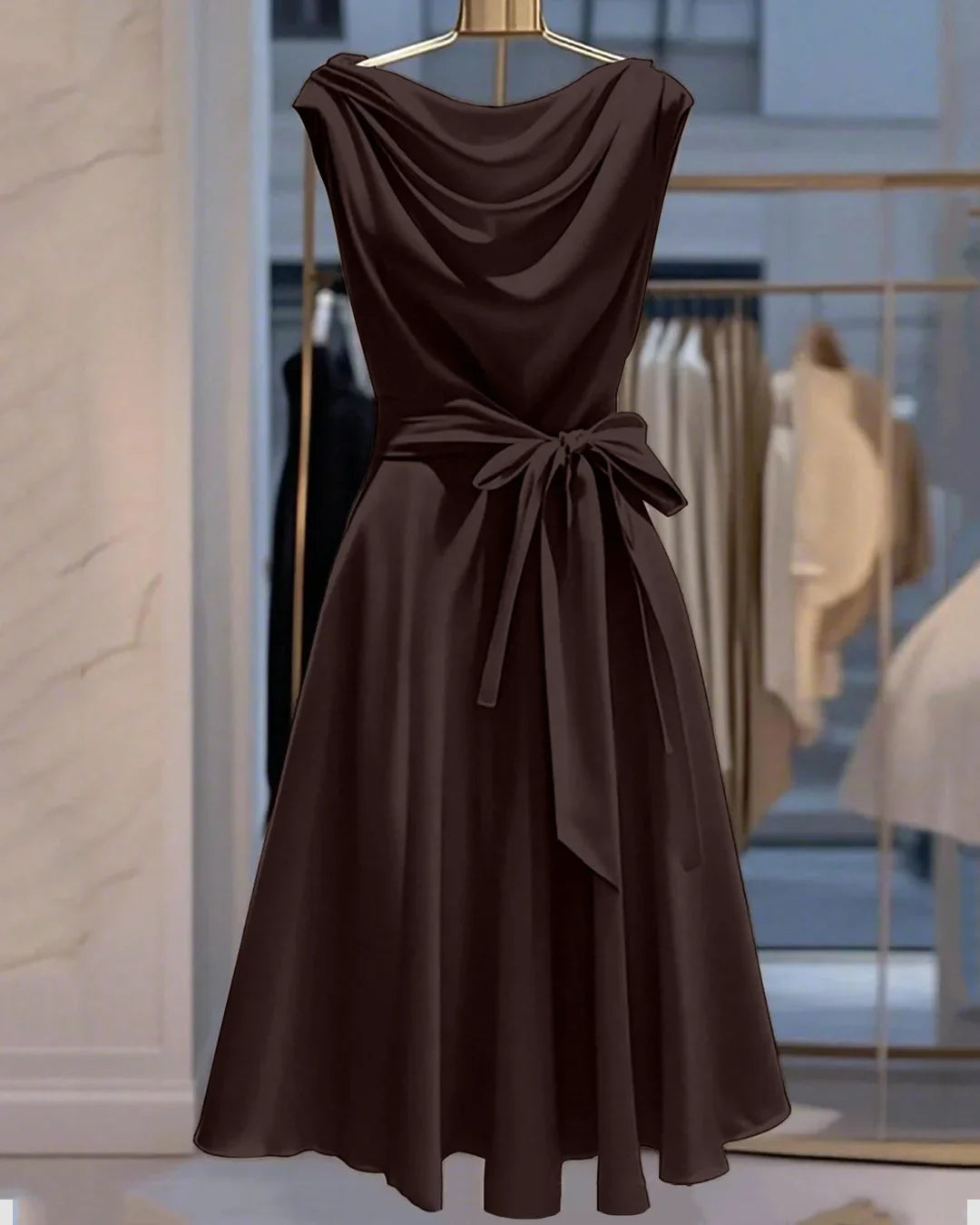 Party Draped Sleeveless Midi Dress With Tie Waist In Coffee Brown