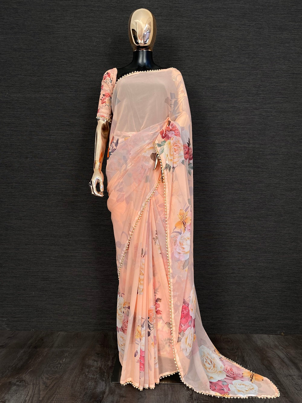 Peach Color Printed Pearl Lace Border Georgette Saree