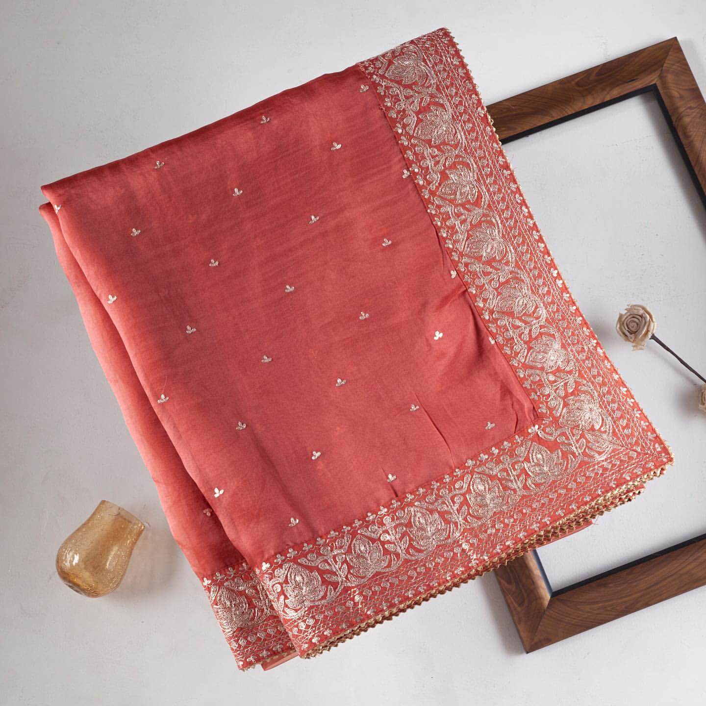 Peach Saree in Organza Silk With Dori And Sequence Work