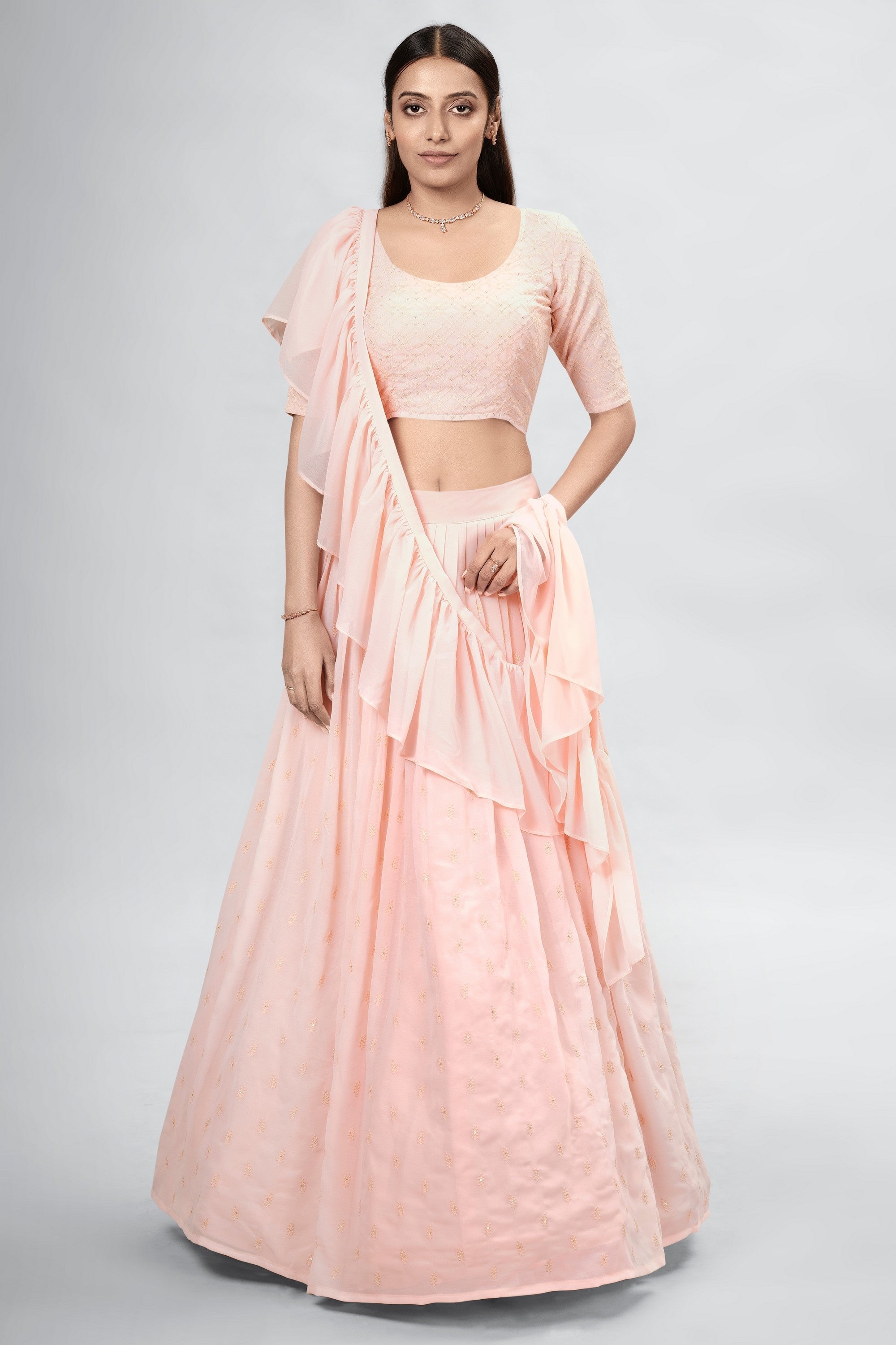 Peach Indian Georgette Lehenga Choli With Ruffle Dupatta For Indian Festival & Weddings - Sequence Embroidery Work,