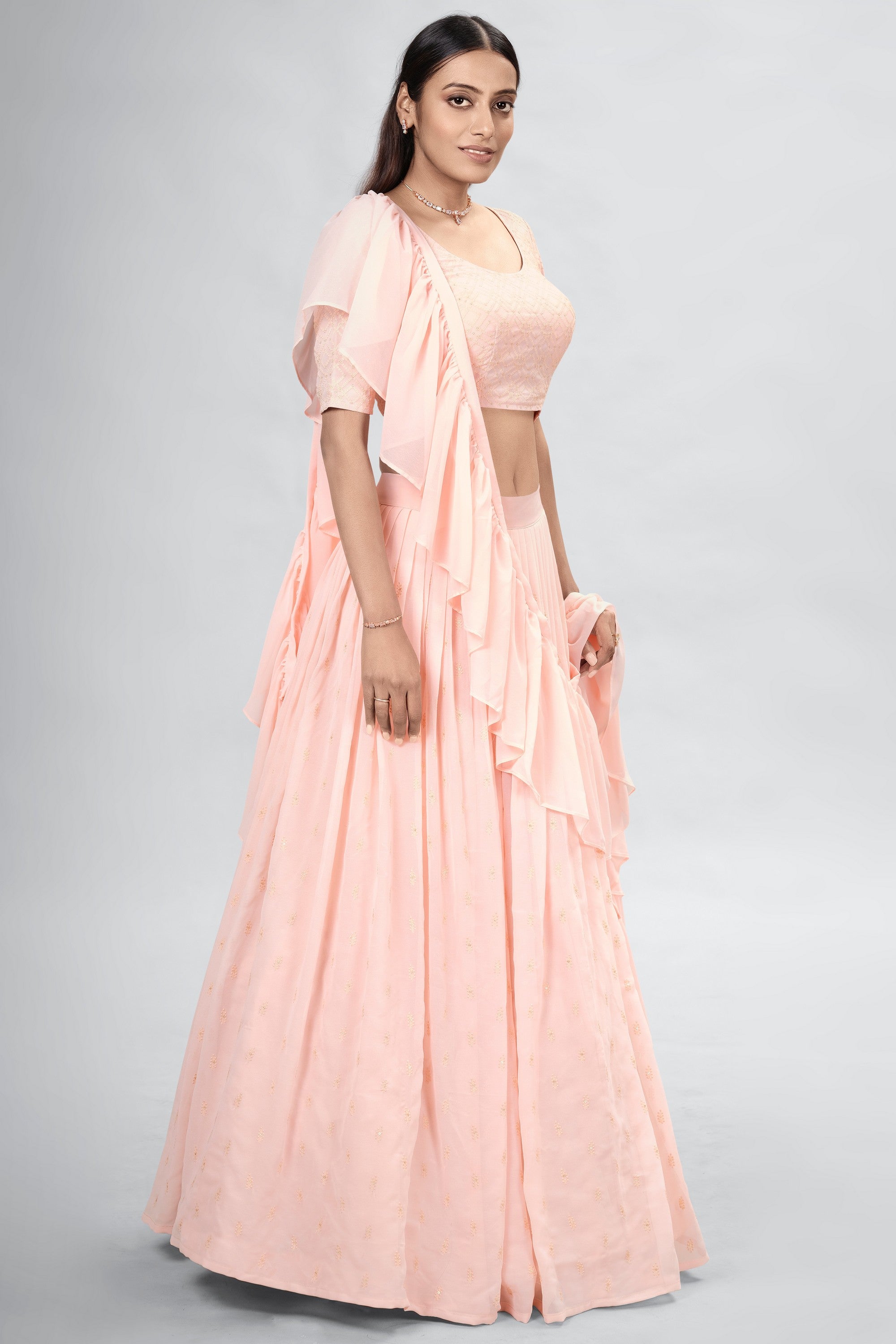 Peach Indian Georgette Lehenga Choli With Ruffle Dupatta For Indian Festival & Weddings - Sequence Embroidery Work,