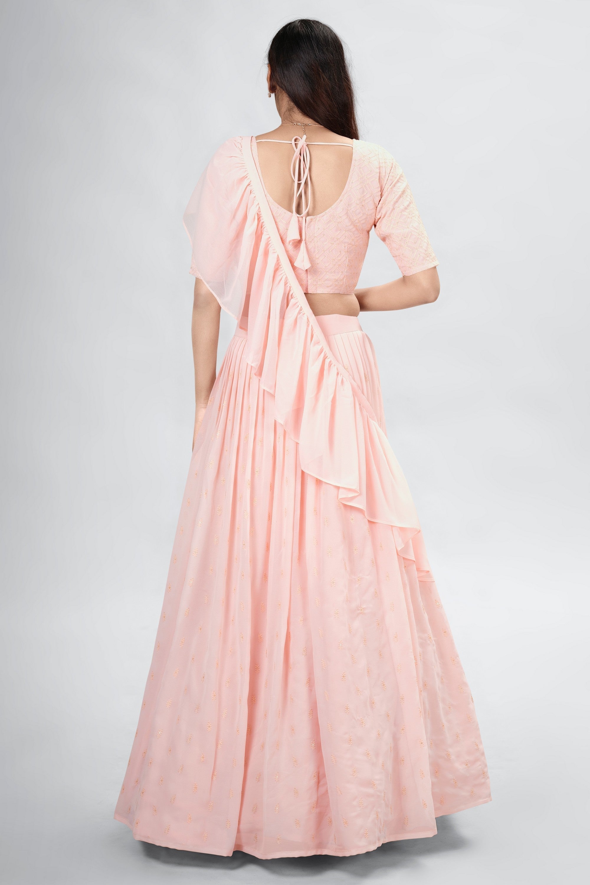Peach Indian Georgette Lehenga Choli With Ruffle Dupatta For Indian Festival & Weddings - Sequence Embroidery Work,