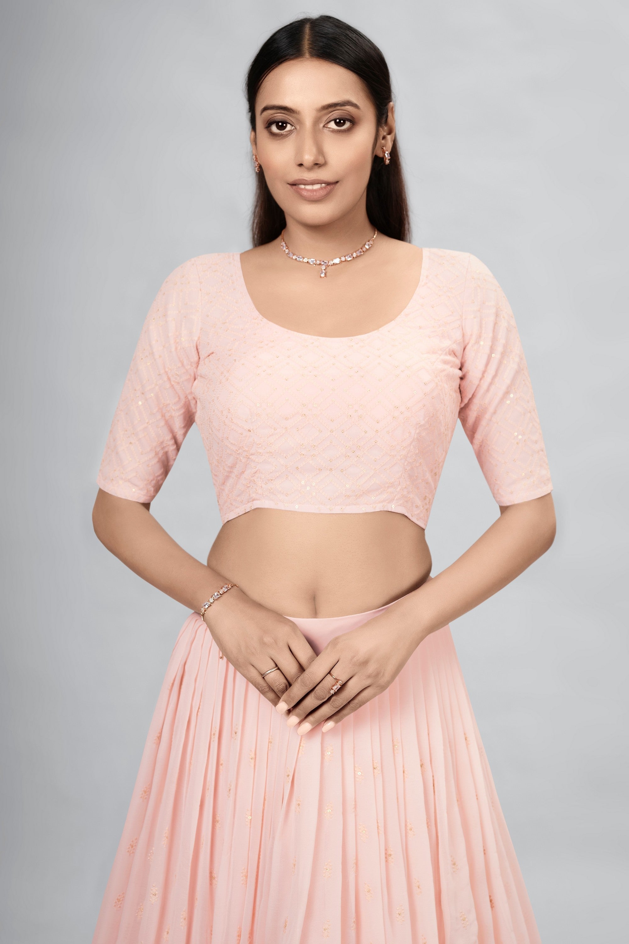 Peach Indian Georgette Lehenga Choli With Ruffle Dupatta For Indian Festival & Weddings - Sequence Embroidery Work,
