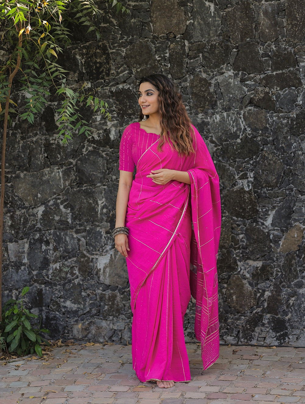 Pink Color Sequins And Zari Work Viscose Chanderi Saree