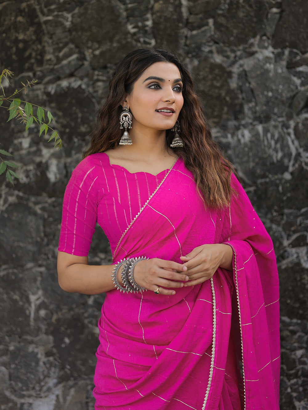 Pink Color Sequins And Zari Work Viscose Chanderi Saree