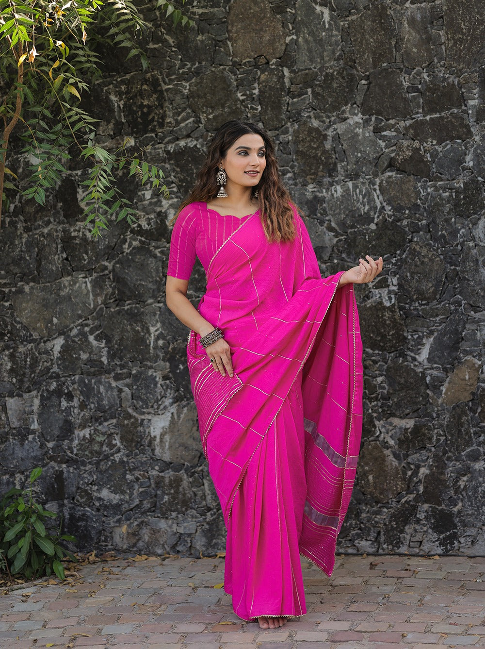 Pink Color Sequins And Zari Work Viscose Chanderi Saree