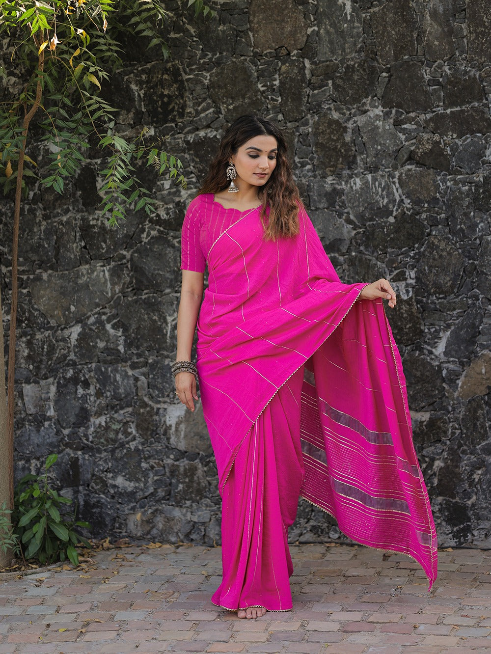 Pink Color Sequins And Zari Work Viscose Chanderi Saree