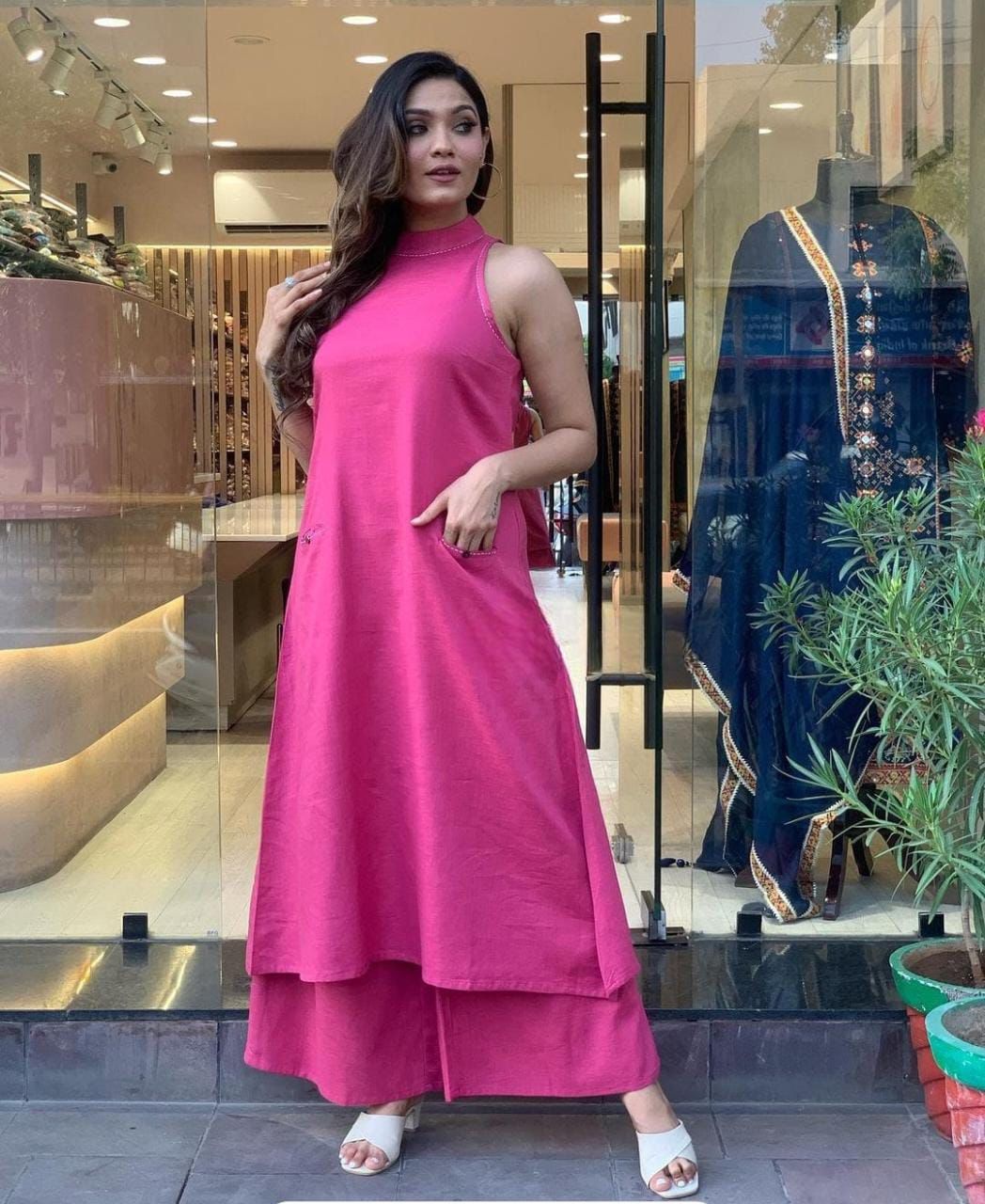 Hot Pink Sleeveless Cotton Slub Kurti with Palazzo