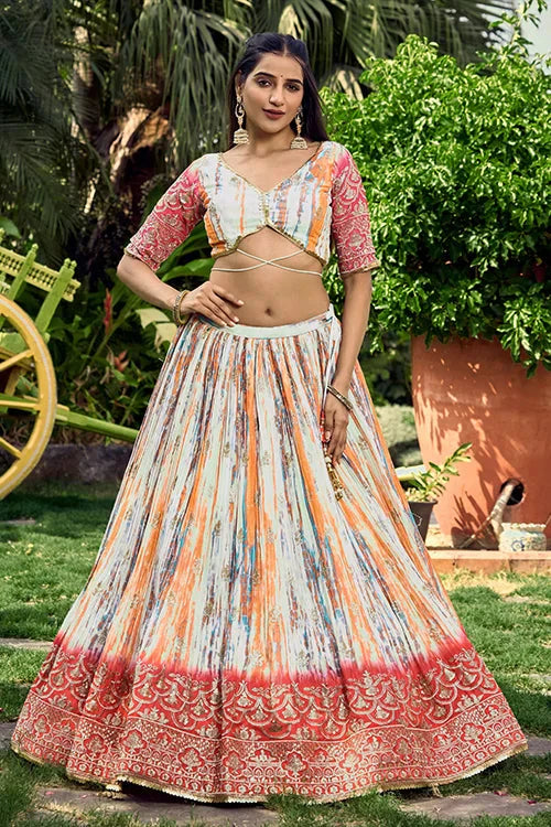 Pink Chinon Zari & Sequins Embroidered With Digital Print Work Lehenga Choli