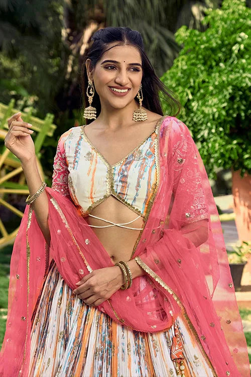 Pink Chinon Zari & Sequins Embroidered With Digital Print Work Lehenga Choli