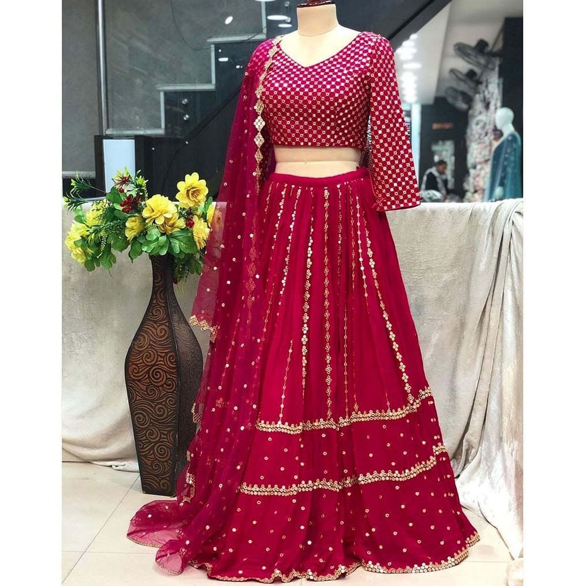 Pink Designer Lehenga Choli in Georgette with Mirror work for Wedding and Engagement