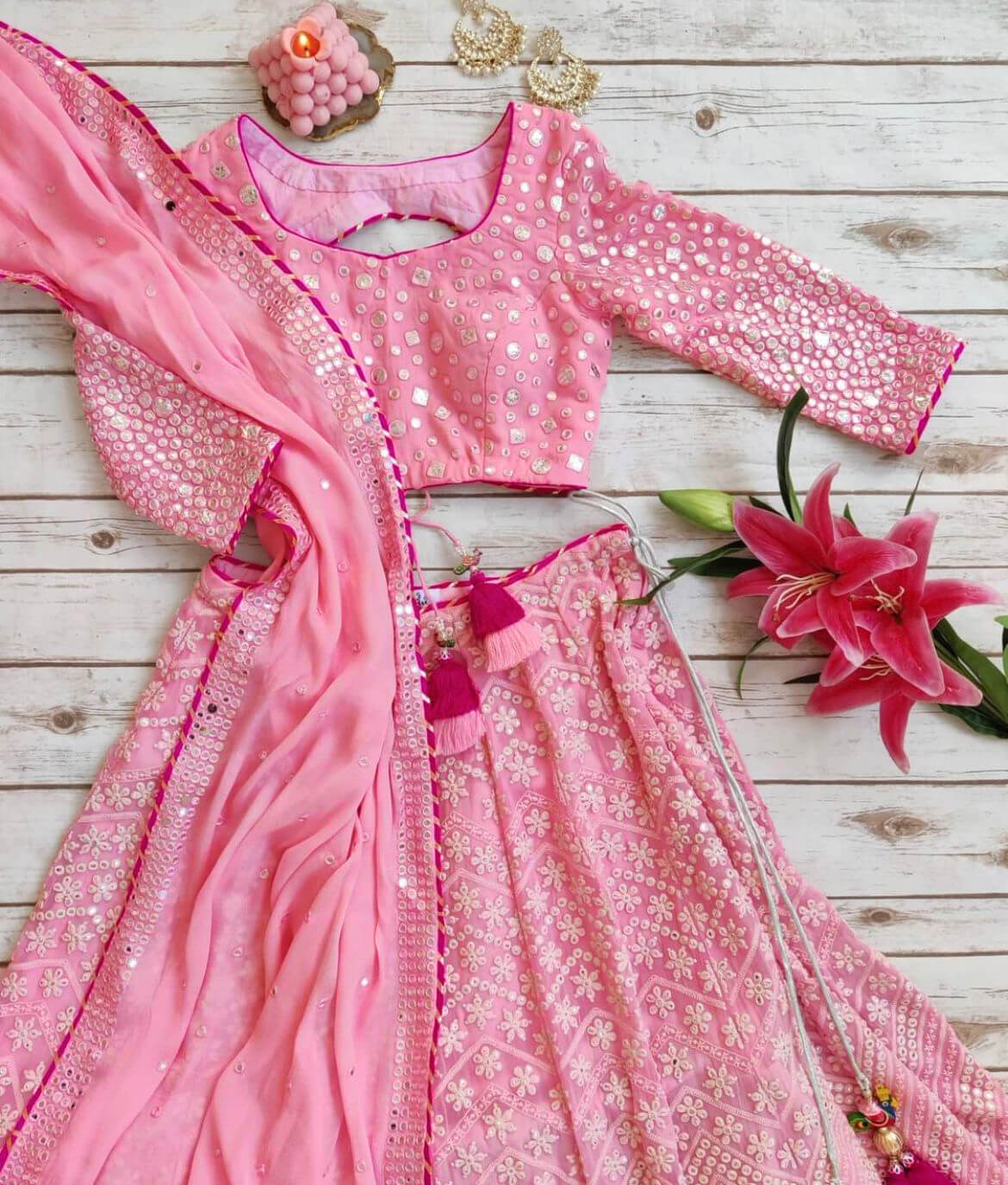 Pink Lehenga Choli in Georgette With Sequence and Mirror Work