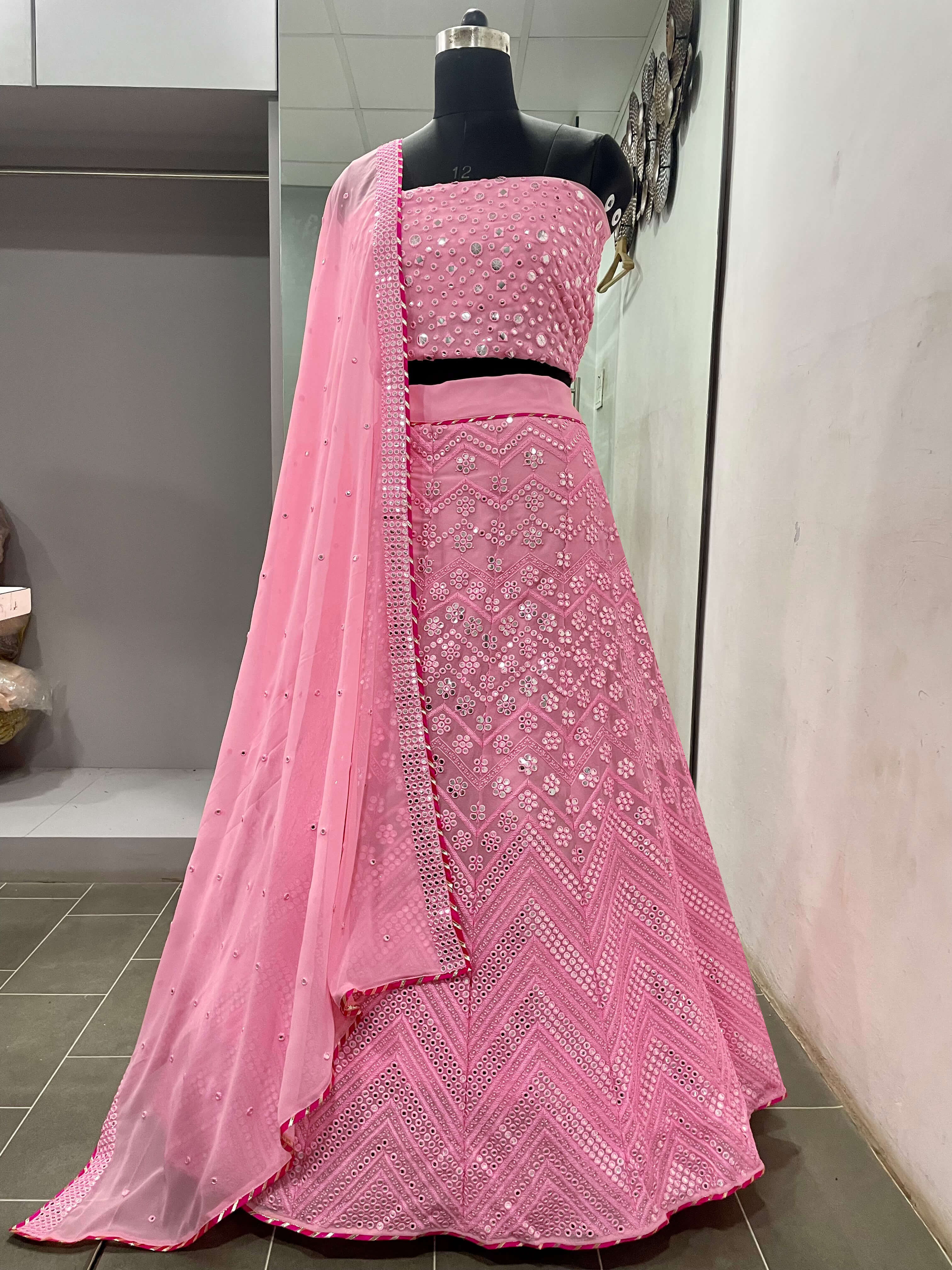Pink Lehenga Choli in Georgette With Sequence and Mirror Work